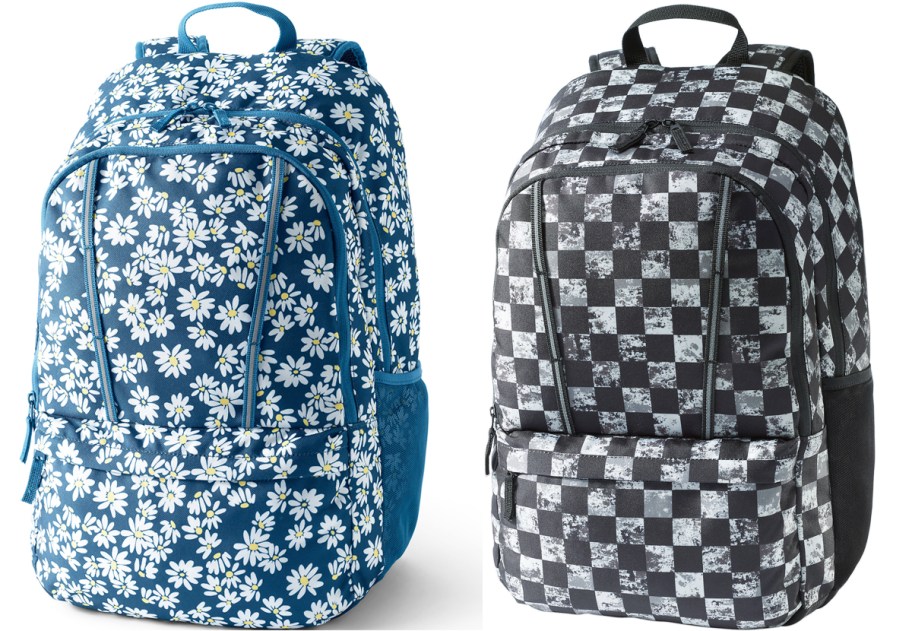 blue daisy and grey/back checkered print backpacks