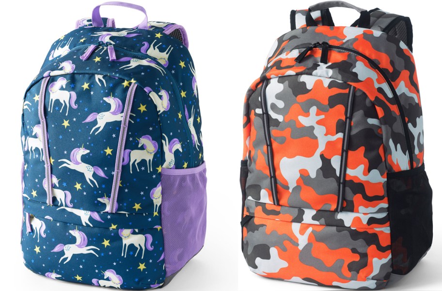 unicorn and orange camo print backpacks