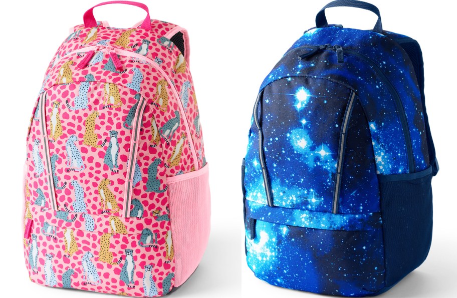 pink leopard and blue galaxy print backpacks