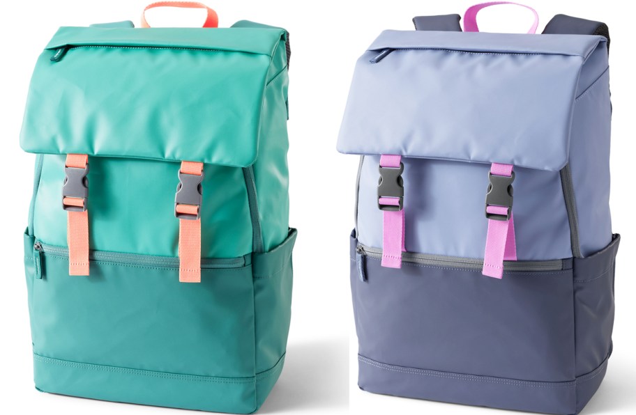 green and purple flap backpacks