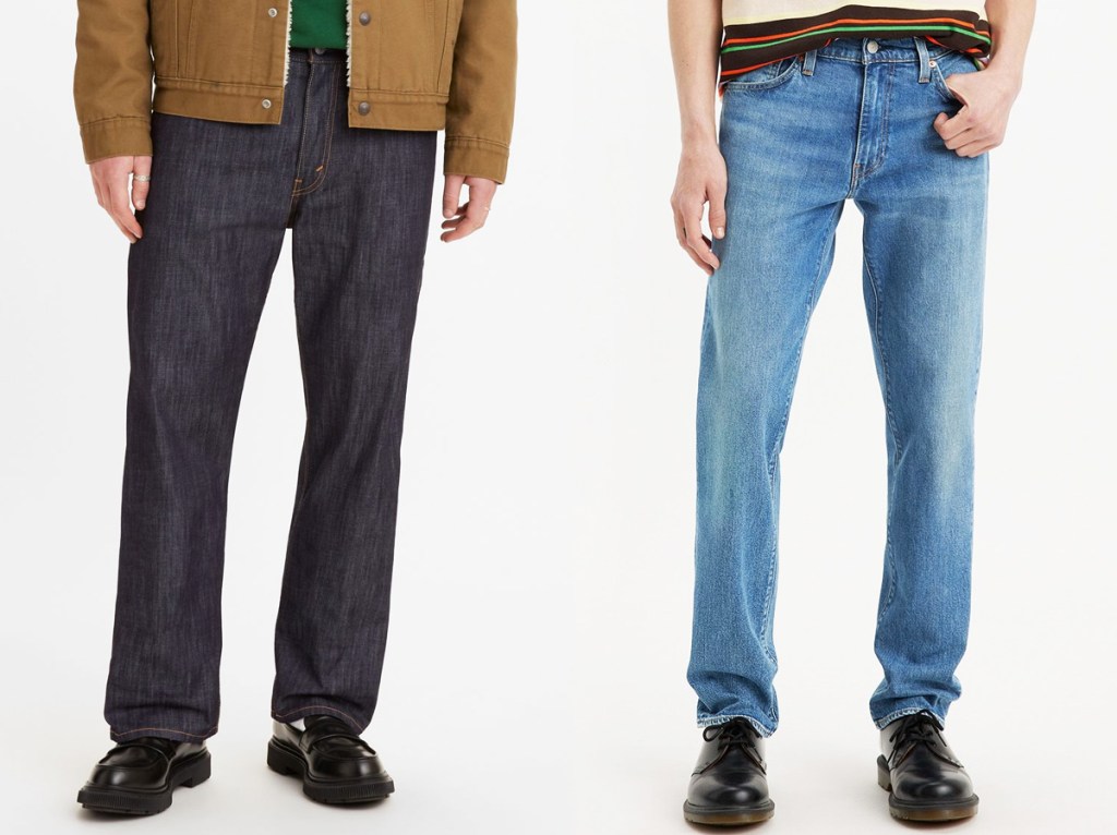 two men in dark and medium wash jeans