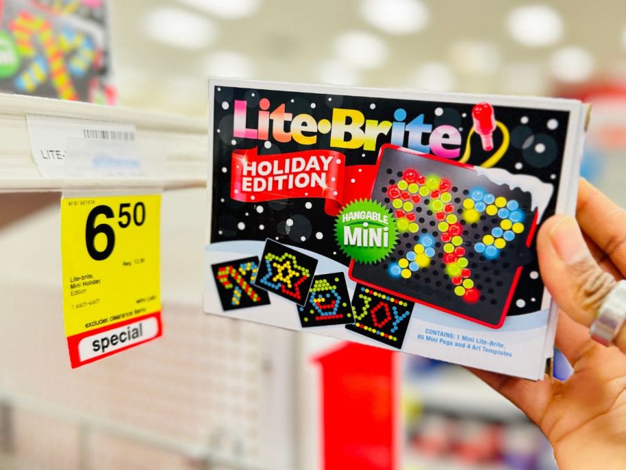 Lite-Brite Holiday Edition Hangable Mini box in hand in store