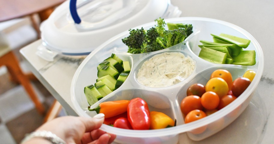 Lock N Lock Fruit & Veggie Tray full of vegetables and dip