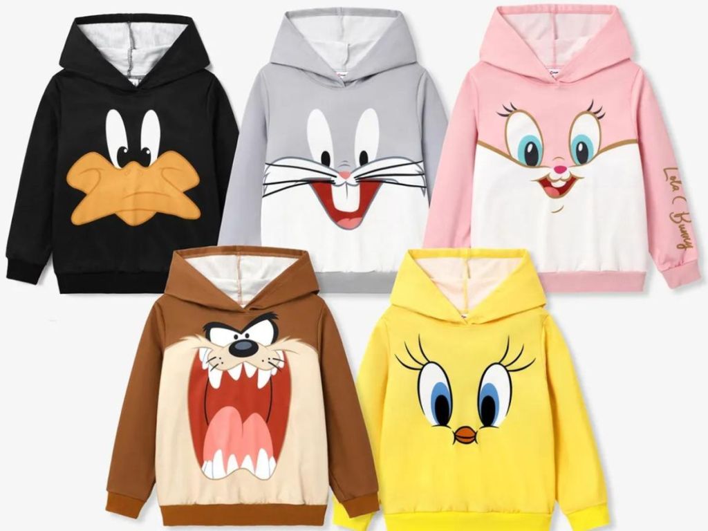 5 different looney tunes hoodies
