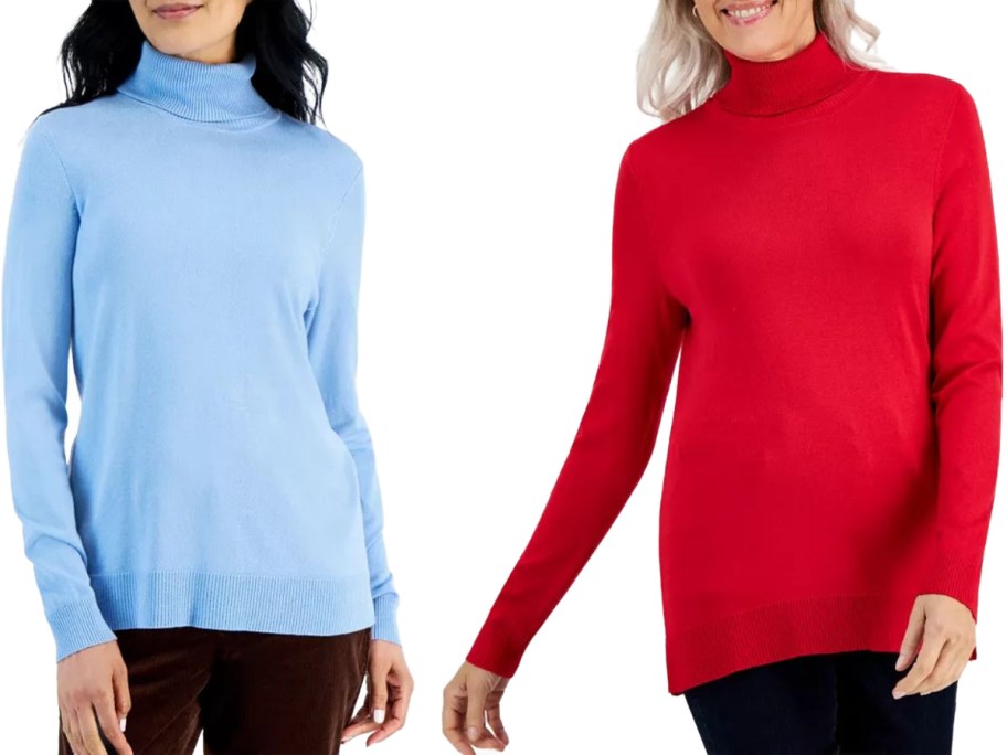 Stock images of two women wearing Style & Co Women's Turtleneck Long-Sleeve Sweaters