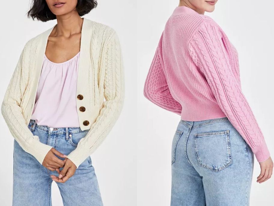 stock images of two women wearing On 34th Women's Cropped V-Neck Cable-Knit Cardigan