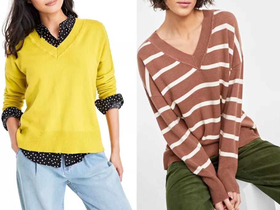 Stock images of two women weaing On 34th Women's V-Neck Dropped-Shoulder Sweaters