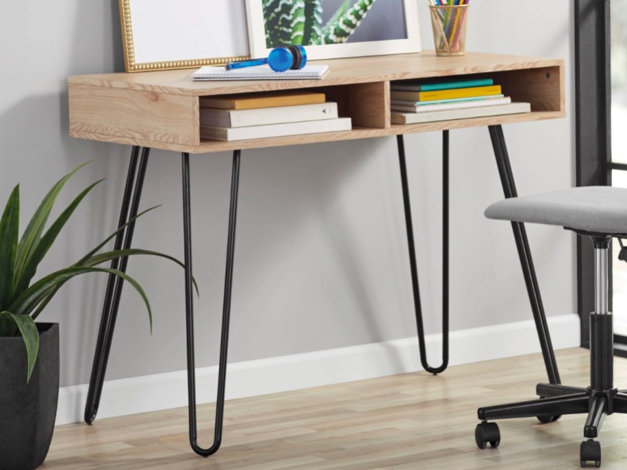 wood writing desk with black hairpin legs