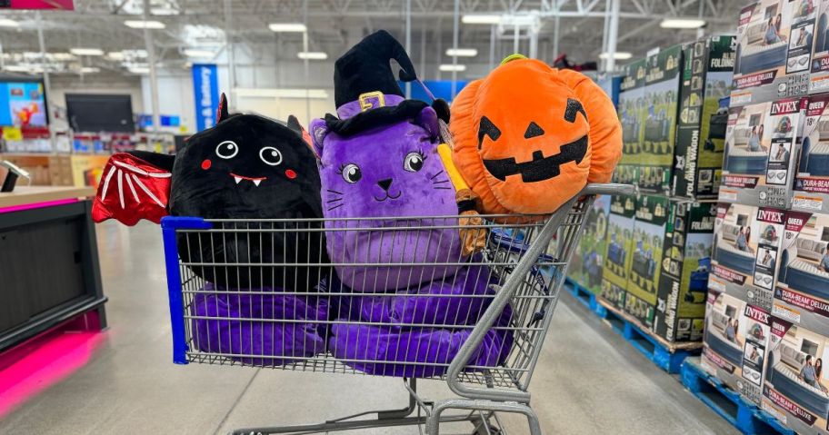 Member's Mark Halloween Secret Pocket Squishy Plush toys pumpkin, bat, and cat in a cart