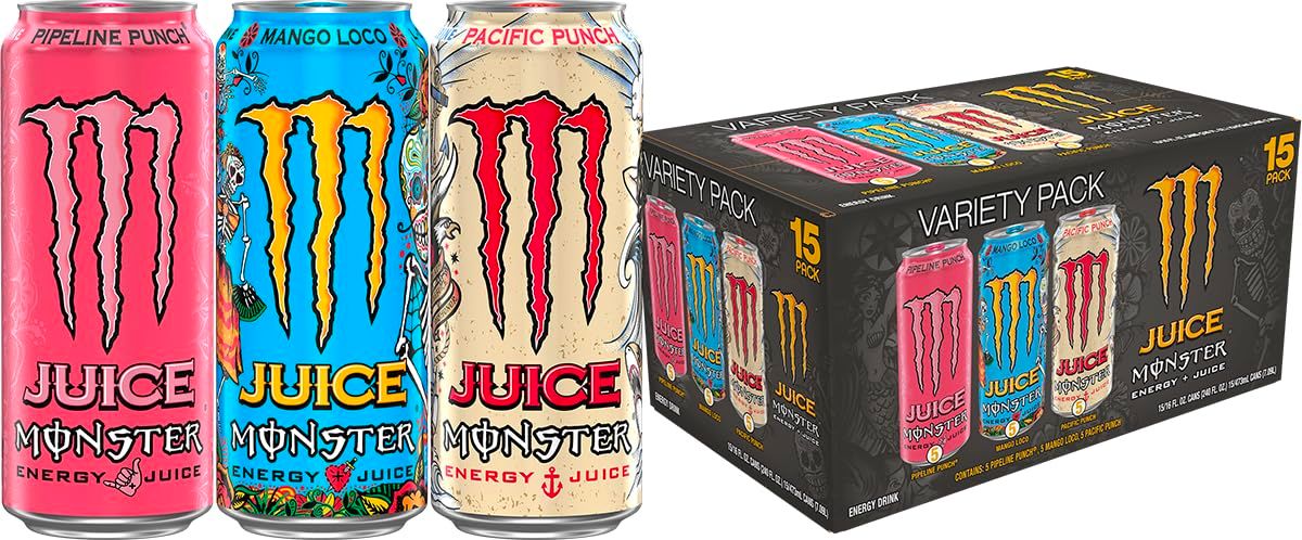 Monster Energy Juice Variety Pack, Pipeline Punch, Mango Loco, Pacific Punch 15-Pack 3 cans with packaging