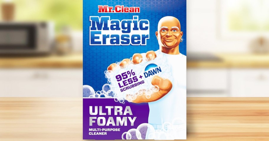 box of Mr. Clean Magic Eraser Ultra Foamy on kitchen counter
