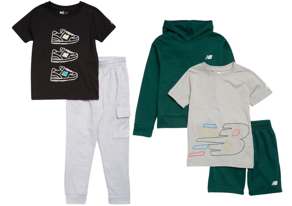 a black new balance boys tee and light heaher gray joggers along with a dark green hoodies and short and coordinating gray tee