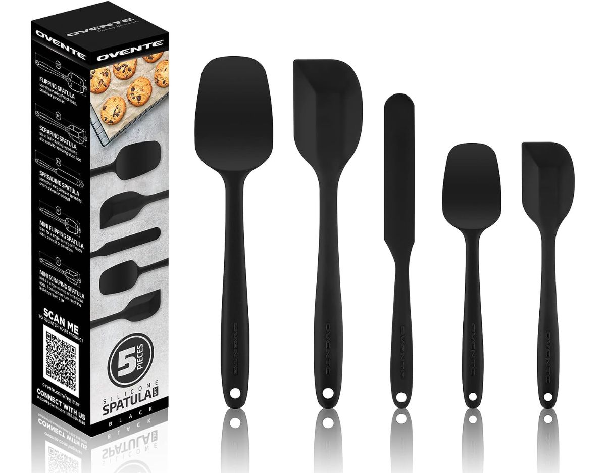 OVENTE 5-Piece Heat Resistant Silicone Spatula Set in black shown next to product packaging - stock image