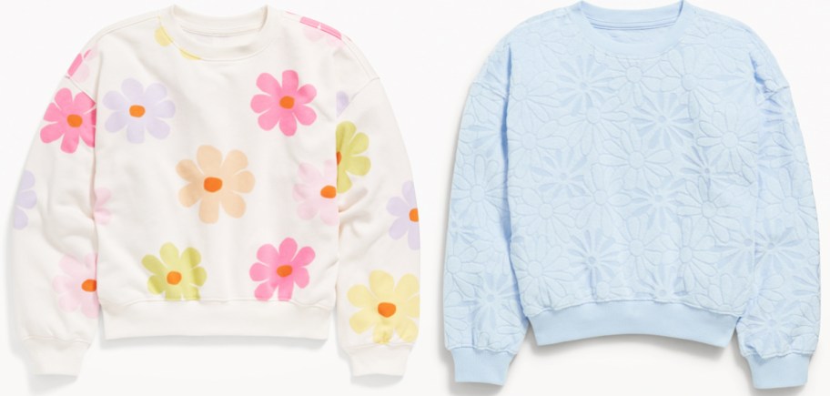 white and blue flower print sweatshirts
