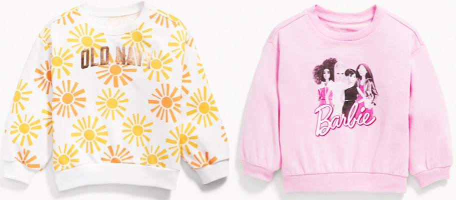 sun print and pink barbie sweatshirts