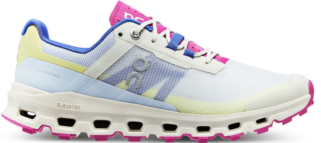 white, blue, yellow, and pink running shoe