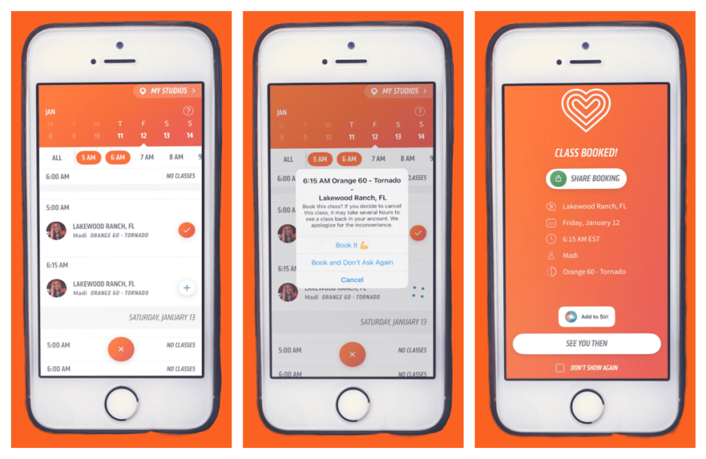 Orange Theory Fitness App booking screens