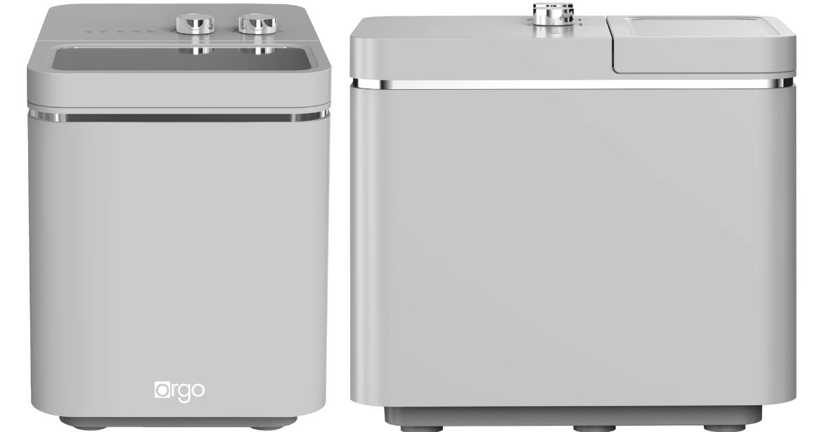 Ice Maker in gray from front and profile views - stock image