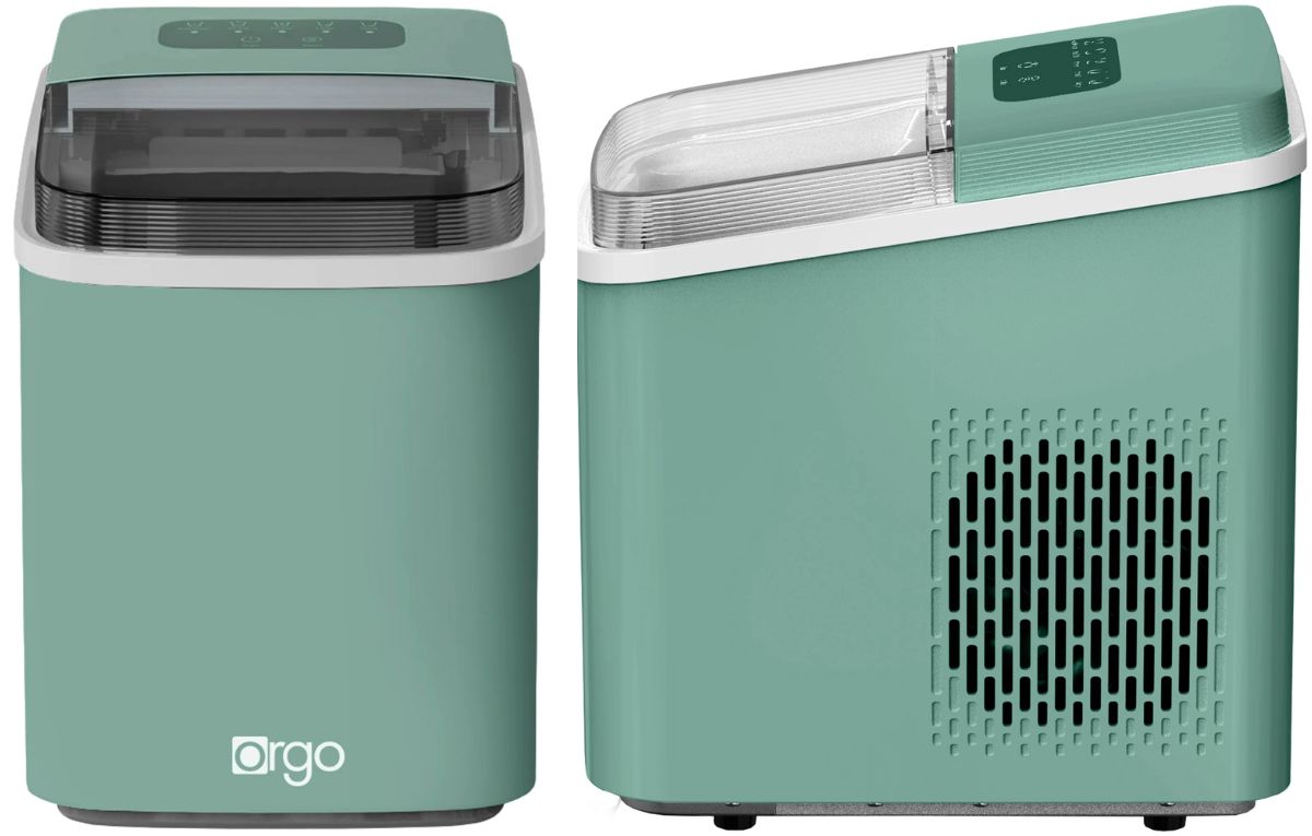 Orgo Sierra Countertop Ice Maker in sage green from front and profile views - stock image