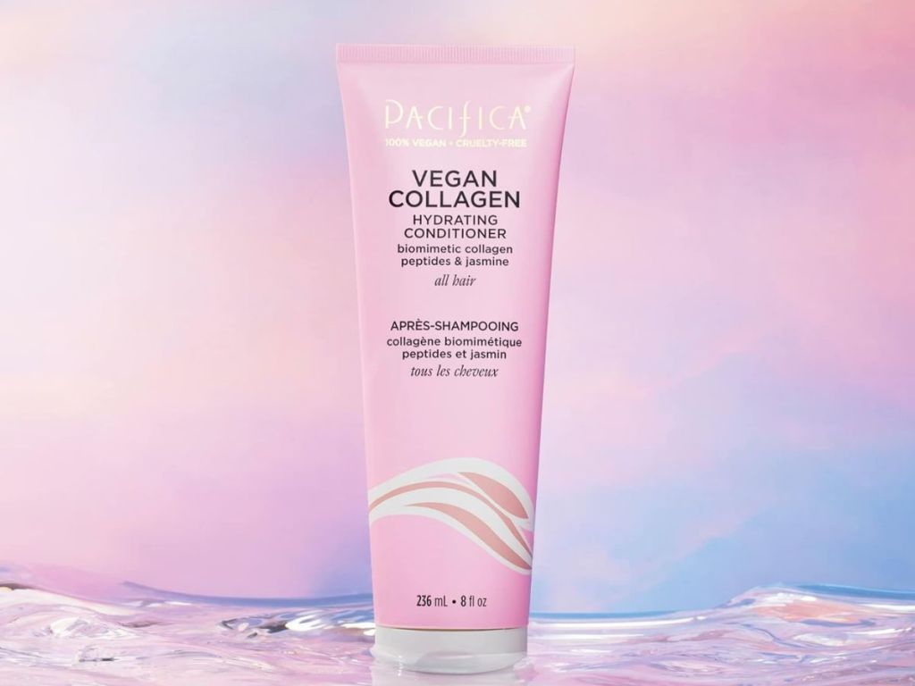 bottle of Pacifica Beauty Vegan Collagen Hydrating Conditioner with pastel background