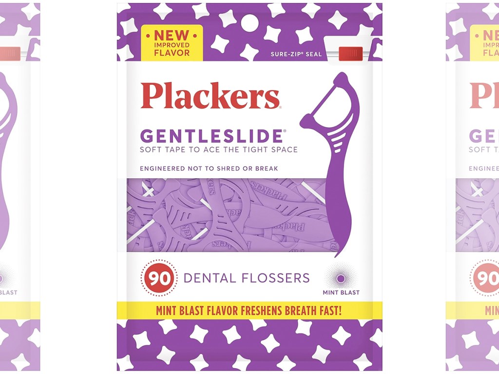 purple and white Plackers Gentleslide Floss Picks 90-Count Bag