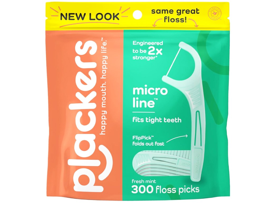 orange and green Plackers Micro Line Floss Picks 300-Count Bag