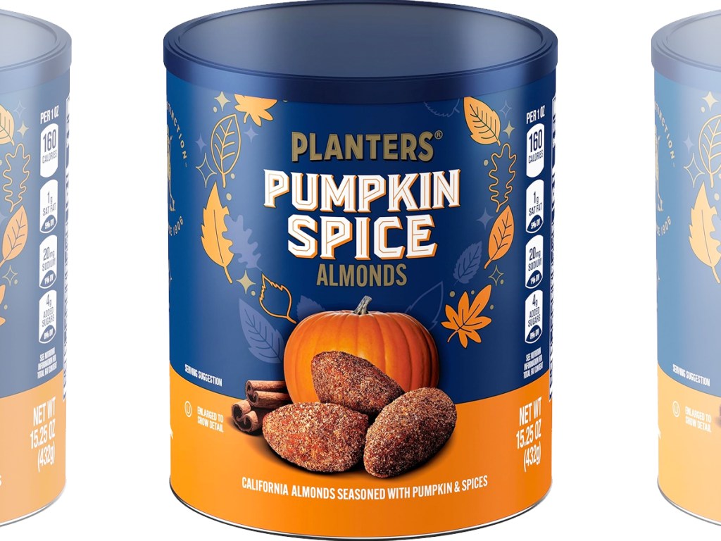 blue and orange canisters of Planters Pumpkin Spice Almonds