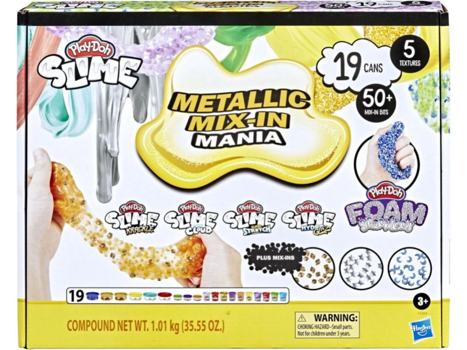 A Play-Doh Slime Metallic Mix-In Mania box