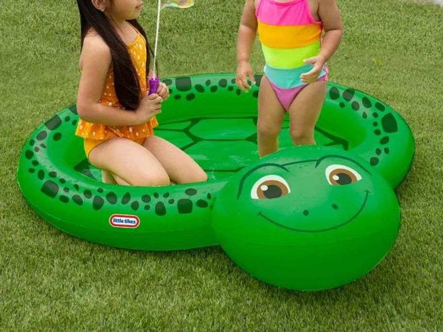 children in an inflatable turtle pool