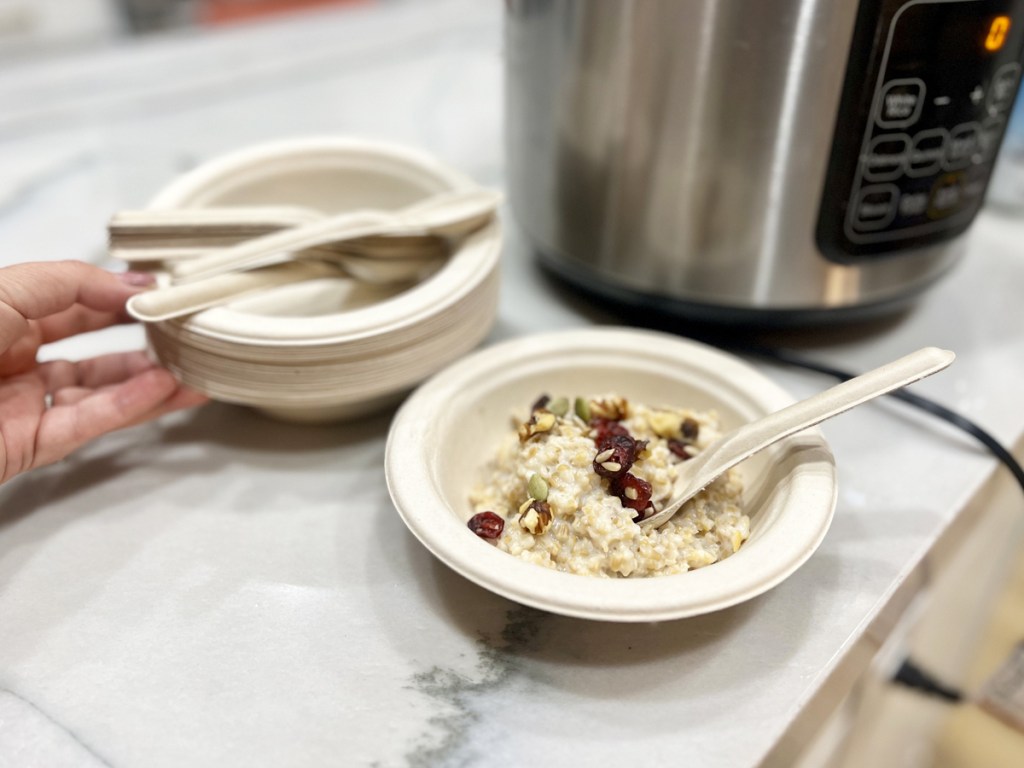 oatmeal in a disposable bowl near pressure cooker