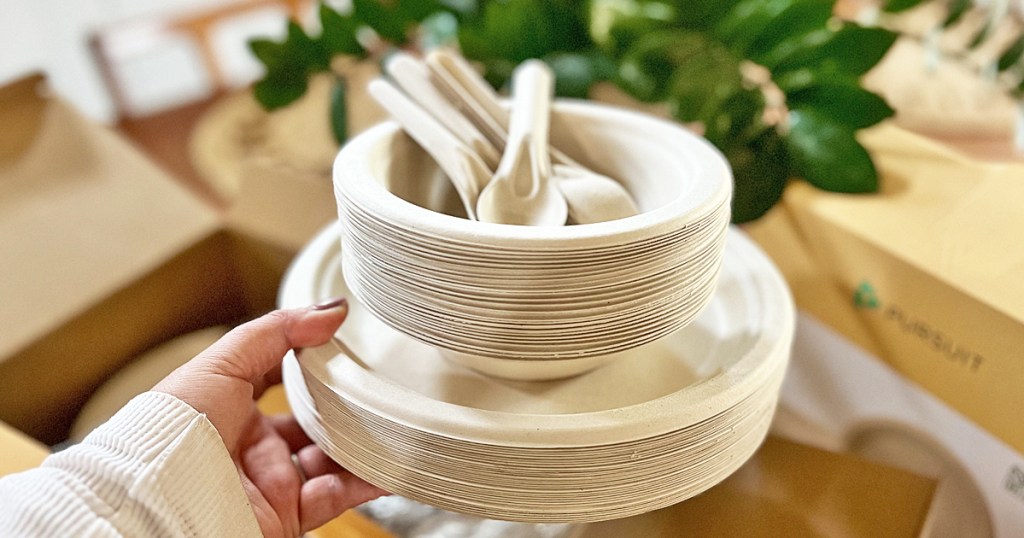 holding a stack of disposable utensils, bowls, and plates