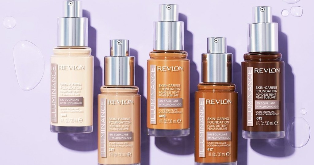 5 bottles of Revlon Illuminance Skin-Caring Foundation in different shades on a purple background