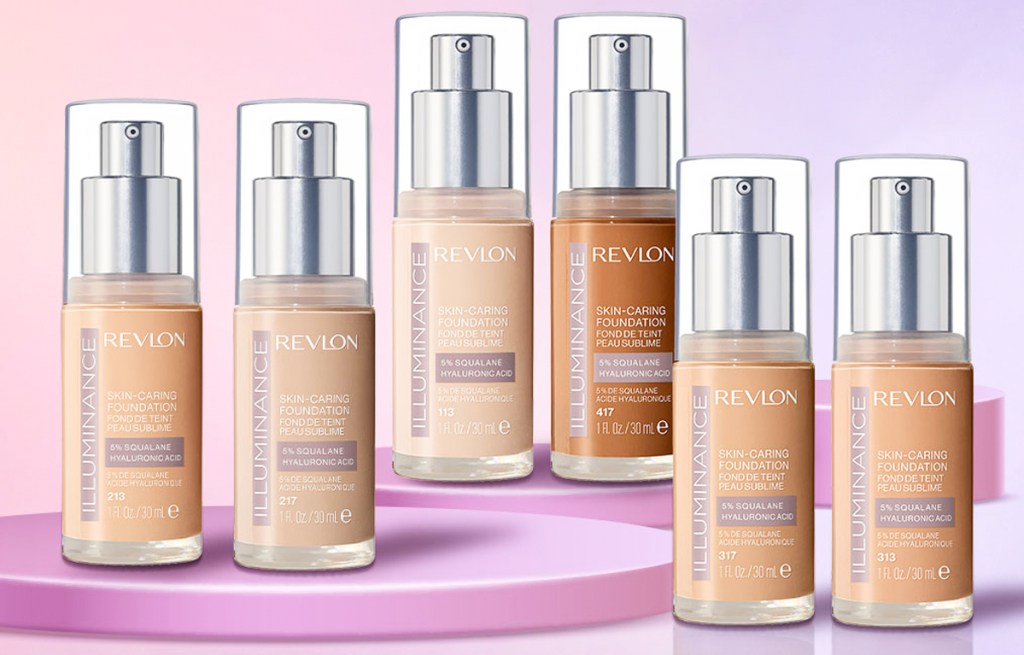 multiple bottles of Revlon Illuminance Skin-Caring Foundation on pink trays