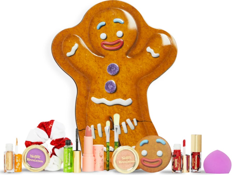 gingerbread man tin with makeup products in front of it