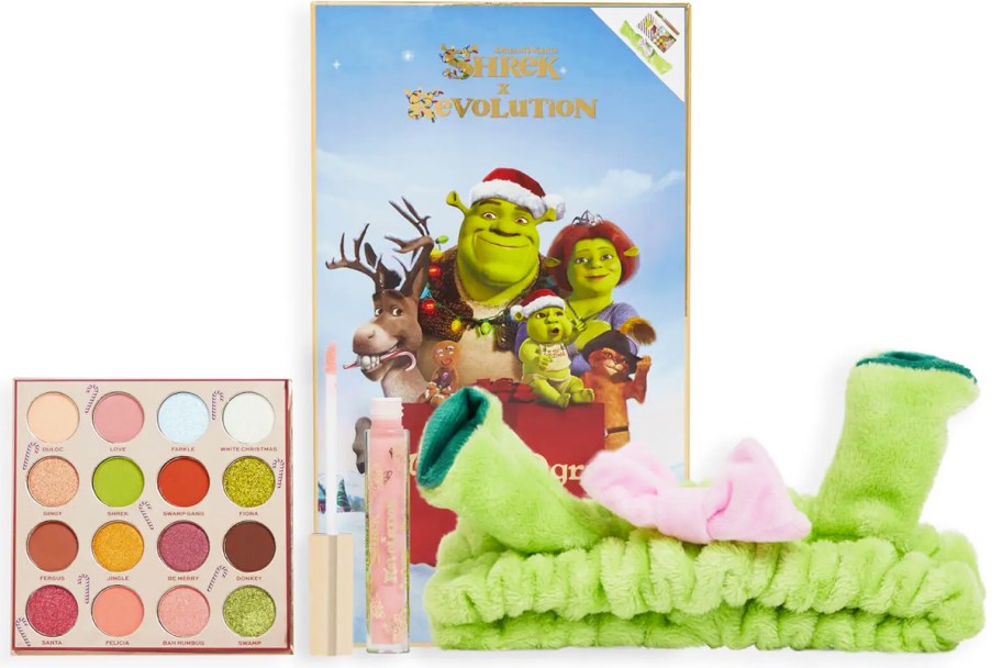 Shrek 16-pan eyeshadow palette, Baby Ogre Headband, and a lip gloss