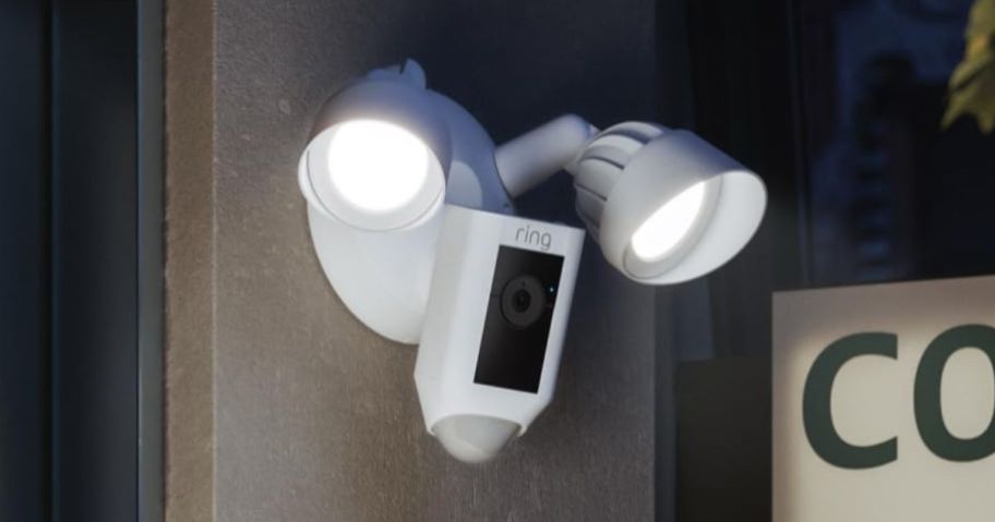 A white ring floodlight camera