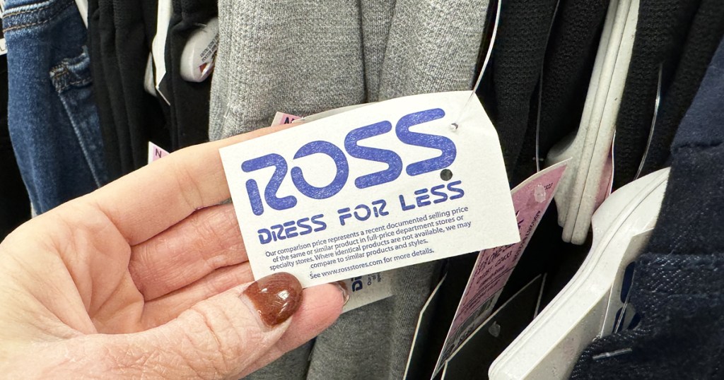 hand holding a ross tag attached to piece of clothing