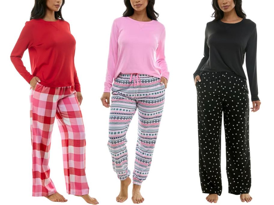 3 women in pajama separates