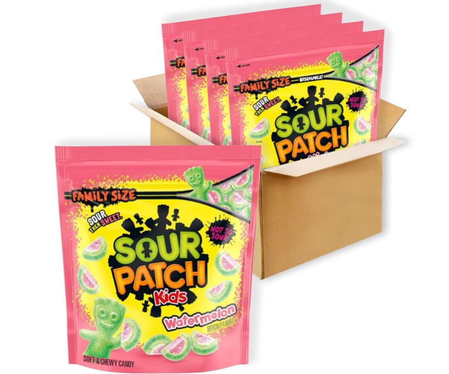 a bag of sour patch kids watermelon candy next to a cardboard box with 4 bags inside it