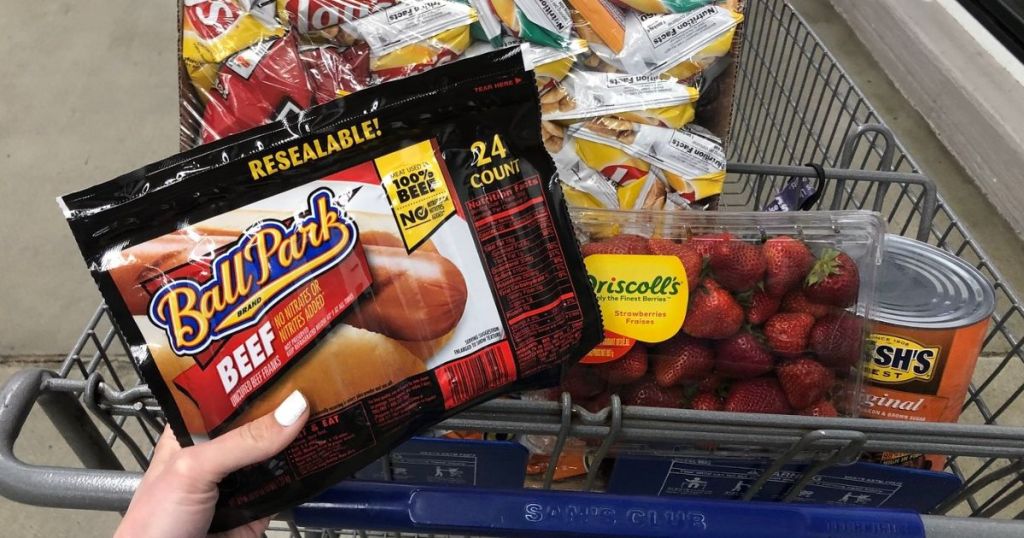 Sam's Club Shopping Cart with hand holding up a huge pack of hot dogs with a cart full of food in the background