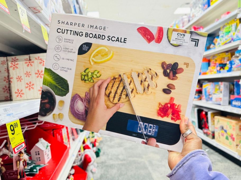 Sharper Image Bamboo Cutting Board Scale box in hand in store