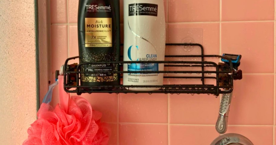 EAEREGS Shower Caddy Organizer Rack hanging in shower with shampoo and conditioner