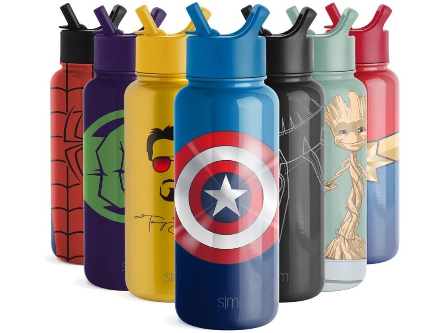 7 Simple Modern insulated water bottles with Marvel decals on them
