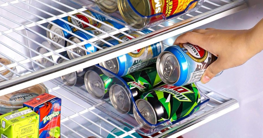 Soda Can Organizers being used in a fridge