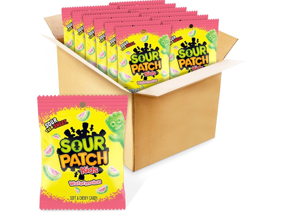 box of multiple small bags of Sour Patch Kids Watermelon Candies