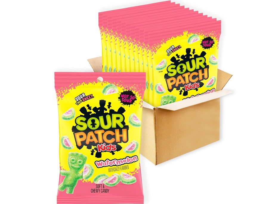 box of multiple small bags of Sour Patch Kids Watermelon Candies