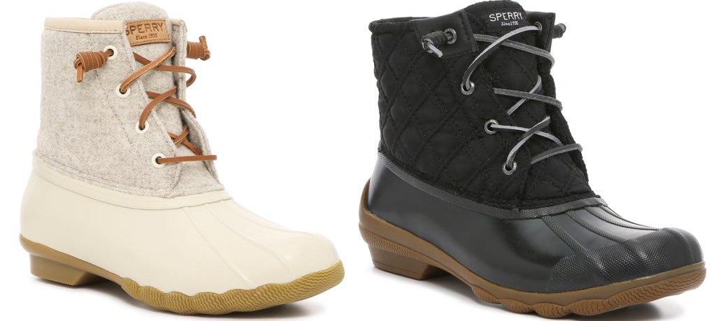 white and black pairs of sperry duck boots