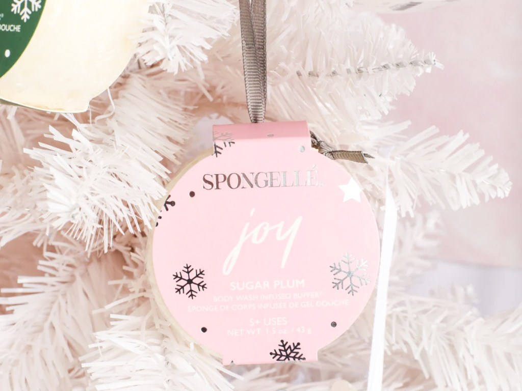 sugar plum spongelle sponge hanging on white christmas tree