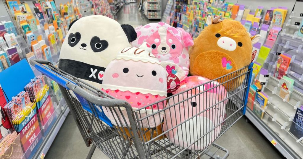 Squishmallows Valentines in a cart at Walmart