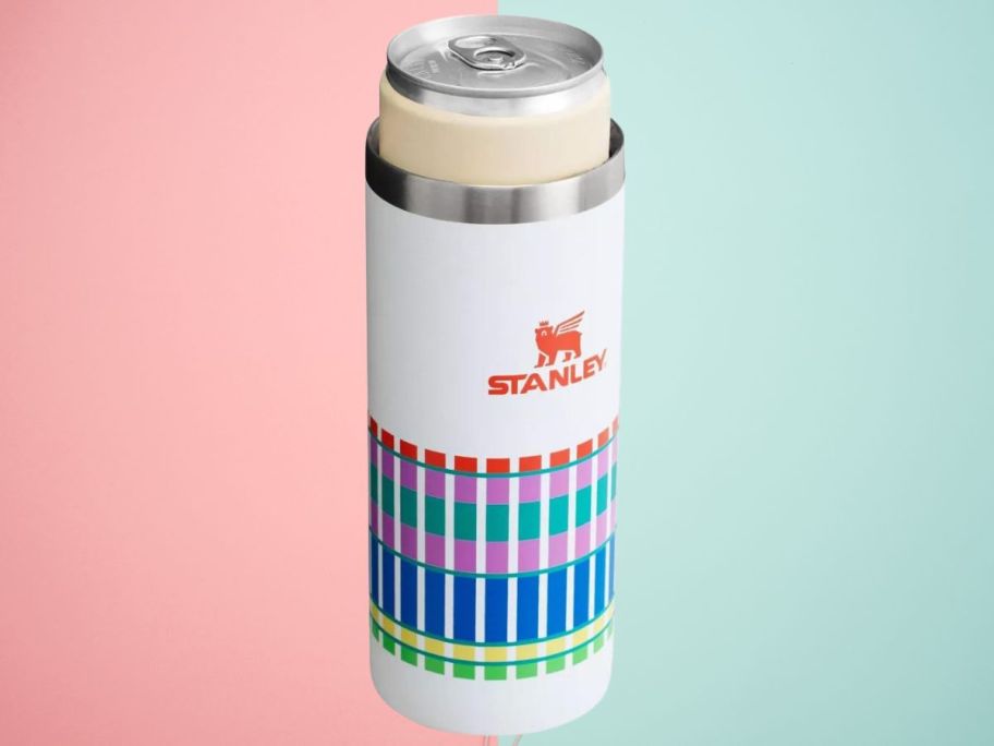 Stanley Slim Stainless Steel All-Occasions Can Chiller - Summer Plaid with pink and blue background